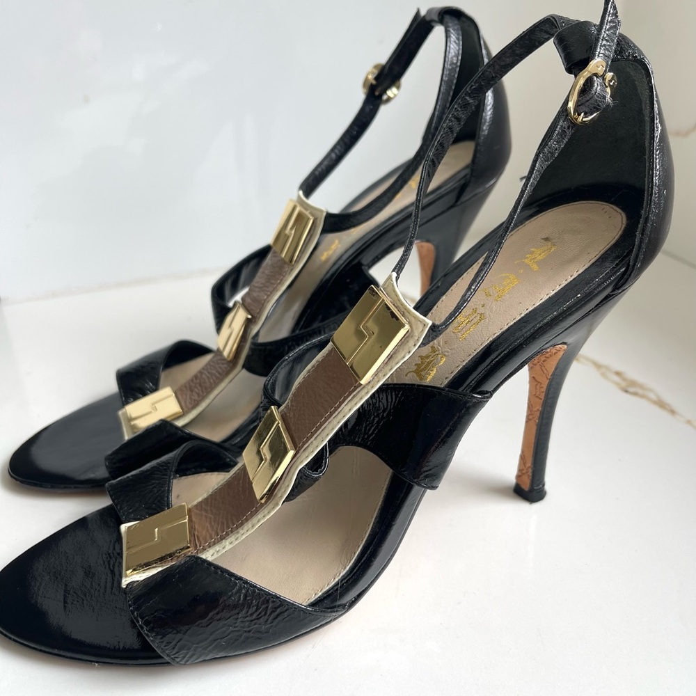 L.A.M.B Black High Heels with Gold Accents size 9